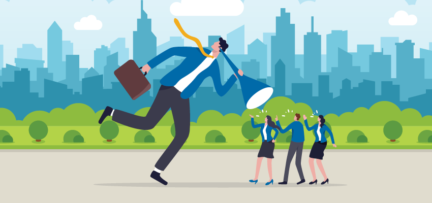 A professional carries a briefcase and holds a large megaphone toward a group of people, illustrating the concept of sound and communication